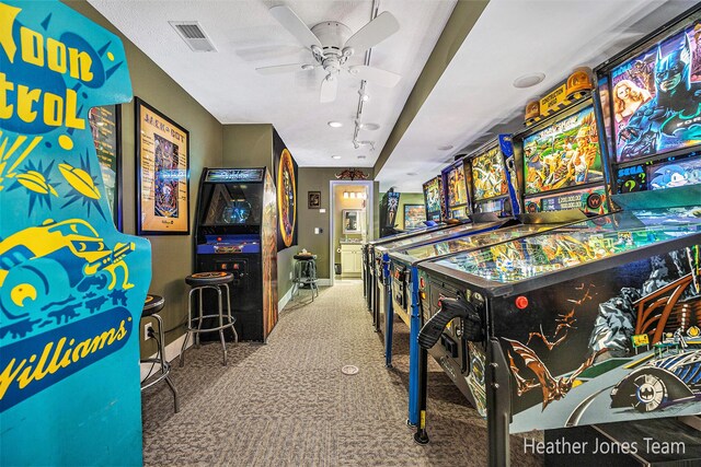 8035 Jericho Ave NE, Rockford, MI 49341 - recreation room featuring carpet, ceiling fan, and recessed lighting