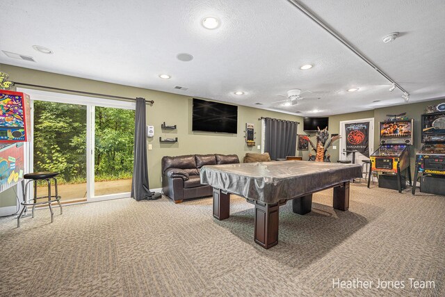 8035 Jericho Ave NE, Rockford, MI 49341 - game room with billiards, carpet floors, a textured ceiling, recessed lighting, and a ceiling fan