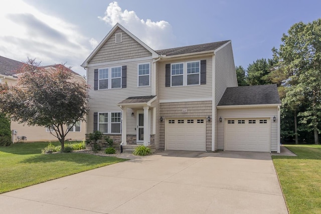 6107 Equestrian Woods Ct, Kalamazoo, MI 49009 - view of front of home featuring driveway, a front yard, a garage, and stone siding