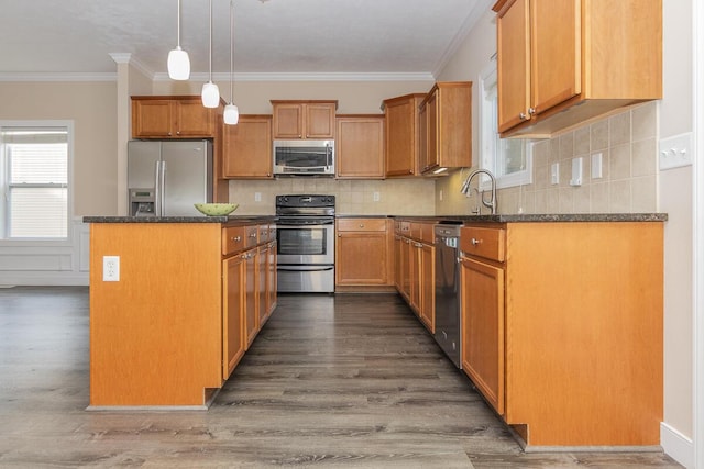6107 Equestrian Woods Ct, Kalamazoo, MI 49009 - kitchen with appliances with stainless steel finishes, a kitchen island, dark wood-type flooring, healthy amount of natural light, and ornamental molding