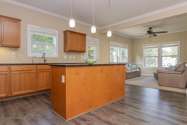 6107 Equestrian Woods Ct, Kalamazoo, MI 49009 - kitchen featuring open floor plan, dark wood-style flooring, a kitchen island, decorative backsplash, and a ceiling fan