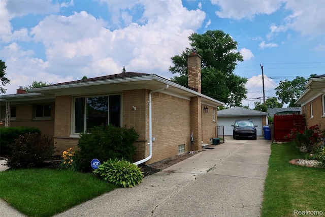 28242 Aline Dr, Warren, MI 48093 - view of property exterior with brick siding, a chimney, a garage, and an outdoor structure