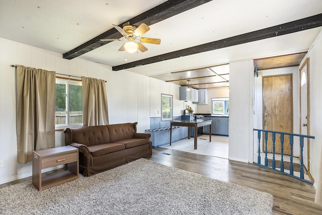 10295 S Osborn Ave, Fremont, MI 49412 - living room featuring wood finished floors, beamed ceiling, and a ceiling fan