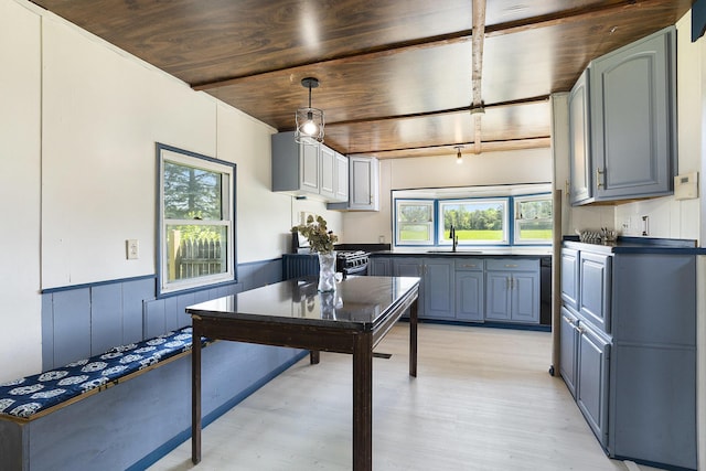 10295 S Osborn Ave, Fremont, MI 49412 - kitchen with wooden ceiling, dark countertops, light wood-type flooring, pendant lighting, and a wainscoted wall