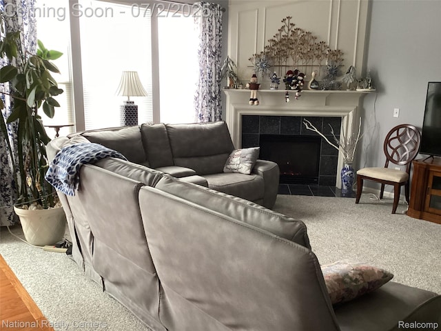 636 Zion Ct S, Howell, MI 48843 - carpeted living room featuring a fireplace