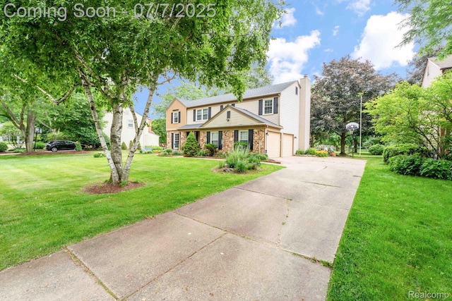 6611 Windmill Ln, West Bloomfield, MI 48324 - view of front of property with driveway, a front yard, a chimney, an attached garage, and stone siding
