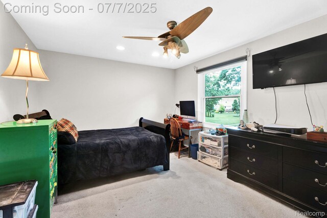6611 Windmill Ln, West Bloomfield, MI 48324 - bedroom with light carpet, ceiling fan, and recessed lighting