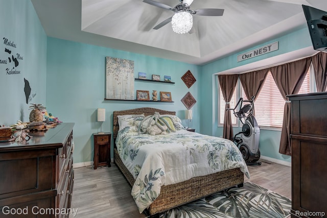 63705 Monticello E, Washington, MI 48095 - bedroom featuring wood finished floors, ceiling fan, and a tray ceiling