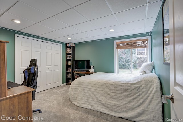 63705 Monticello E, Washington, MI 48095 - bedroom with carpet flooring, a closet, a drop ceiling, a desk, and recessed lighting