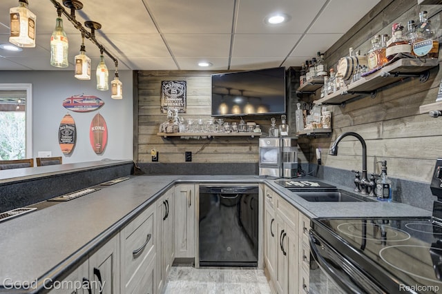63705 Monticello E, Washington, MI 48095 - kitchen featuring dishwasher, range with electric cooktop, white cabinets, a paneled ceiling, and open shelves