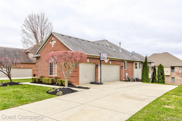 63705 Monticello E, Washington, MI 48095 - view of front of home with brick siding, roof with shingles, a garage, driveway, and a front yard