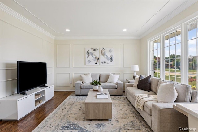 28230 Sutherland Dr, Warren, MI 48088 - living room featuring a decorative wall, ornamental molding, wood finished floors, and recessed lighting