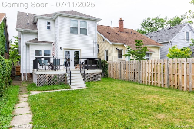 1424 Lakepointe St, Detroit, MI 48230 - back of house featuring a fenced backyard, a wooden deck, french doors, and roof with shingles