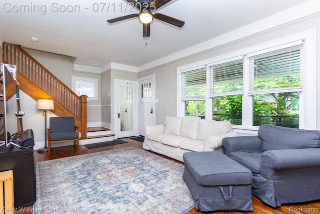 1424 Lakepointe St, Detroit, MI 48230 - living area featuring stairway, ceiling fan, and wood finished floors