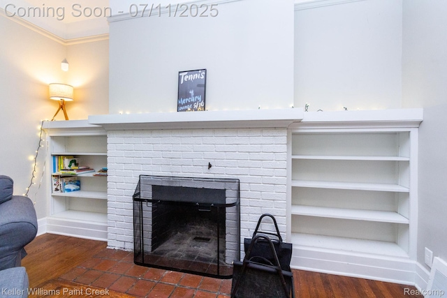 1424 Lakepointe St, Detroit, MI 48230 - detailed view of a fireplace, crown molding, and wood finished floors