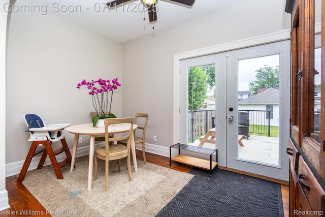 1424 Lakepointe St, Detroit, MI 48230 - dining room featuring wood finished floors, a ceiling fan, and french doors
