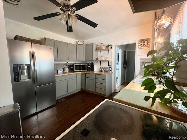 3705 Sancroft Ave, West Bloomfield, MI 48324 - kitchen featuring appliances with stainless steel finishes, gray cabinets, dark wood-style flooring, and ceiling fan