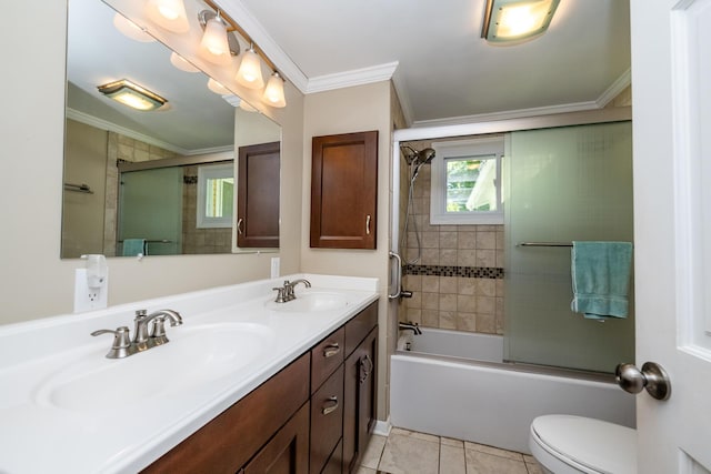 3813 Green Acre Dr, Saint Joseph, MI 49085 - bathroom featuring double vanity, crown molding, enclosed tub / shower combo, and tile patterned flooring