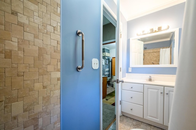3813 Green Acre Dr, Saint Joseph, MI 49085 - full bath with vanity, a shower with curtain, ornamental molding, and tile patterned flooring