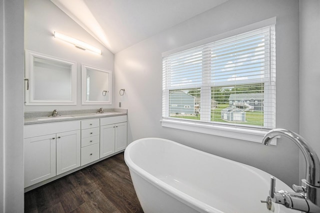 2807 Bartlett Rd, Pleasant Lake, MI 49272 - bathroom with lofted ceiling, wood finished floors, double vanity, and a freestanding tub