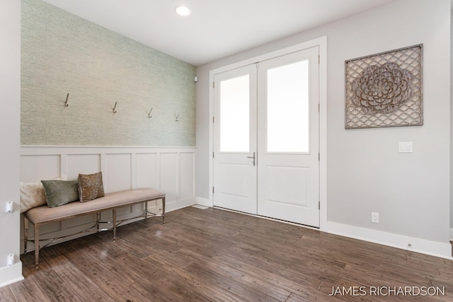 12974 Boulderway Trl, Grand Haven, MI 49417 - foyer entrance with wood finished floors, a wainscoted wall, and recessed lighting