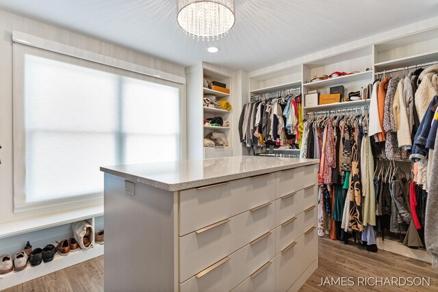 12974 Boulderway Trl, Grand Haven, MI 49417 - spacious closet featuring light wood-style floors and a chandelier