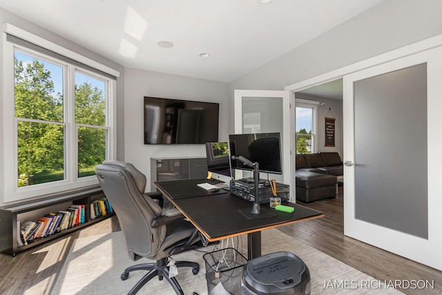 12974 Boulderway Trl, Grand Haven, MI 49417 - office area with wood finished floors and recessed lighting