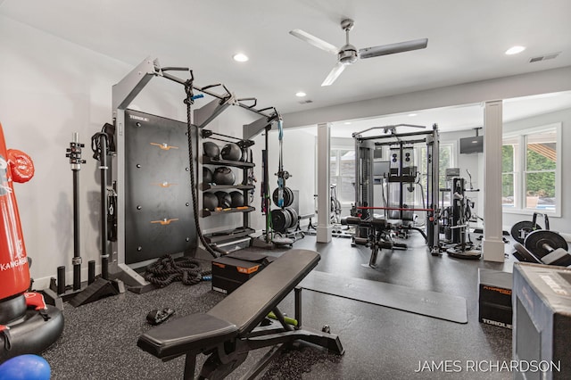 12974 Boulderway Trl, Grand Haven, MI 49417 - gym with a ceiling fan and recessed lighting