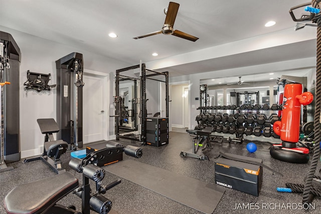 12974 Boulderway Trl, Grand Haven, MI 49417 - gym featuring a ceiling fan and recessed lighting