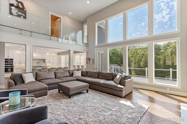 12974 Boulderway Trl, Grand Haven, MI 49417 - living room featuring decorative columns, a towering ceiling, hardwood / wood-style flooring, and recessed lighting