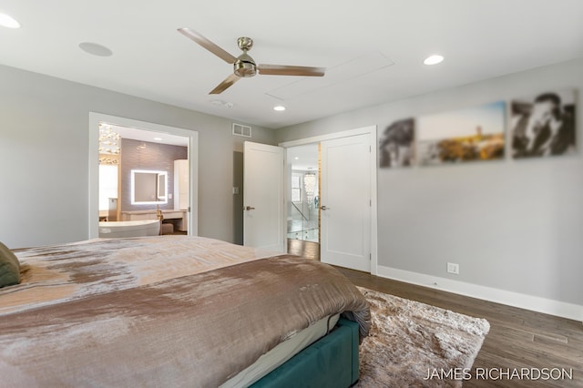 12974 Boulderway Trl, Grand Haven, MI 49417 - bedroom with attic access, wood finished floors, recessed lighting, and ceiling fan