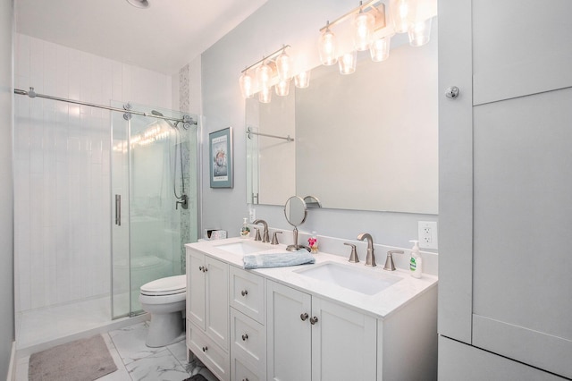 765 S Haven Pl, South Haven, MI 49090 - bathroom with a shower stall, double vanity, and marble look tile flooring