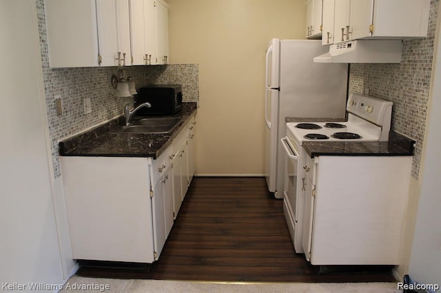 26790 Joy Rd Unit 11, Redford, MI 48239 - kitchen featuring under cabinet range hood, white range with electric stovetop, black microwave, and white cabinets
