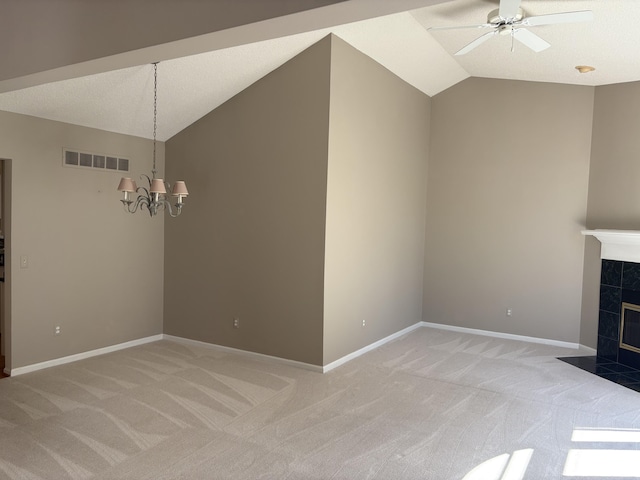 35595 Lone Pine Ln, Farmington Hills, MI 48335 - unfurnished living room with light carpet, a ceiling fan, lofted ceiling, a chandelier, and a fireplace