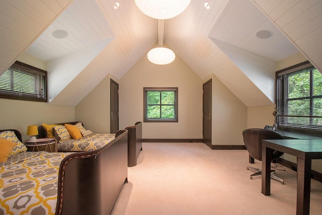 7085 Youngren Rd, Three Oaks, MI 49128 - bedroom with light carpet, multiple windows, vaulted ceiling, and wood ceiling