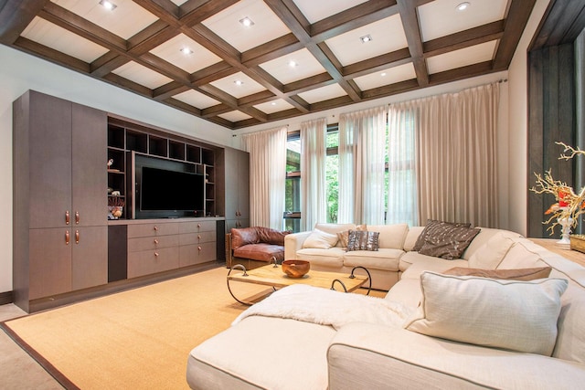 7085 Youngren Rd, Three Oaks, MI 49128 - living area with recessed lighting, coffered ceiling, and beamed ceiling