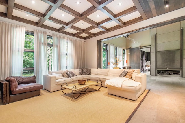 7085 Youngren Rd, Three Oaks, MI 49128 - living room with beamed ceiling, coffered ceiling, recessed lighting, and tile patterned floors