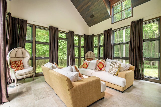 7085 Youngren Rd, Three Oaks, MI 49128 - living area featuring high vaulted ceiling, stone tile floors, healthy amount of natural light, and wood ceiling