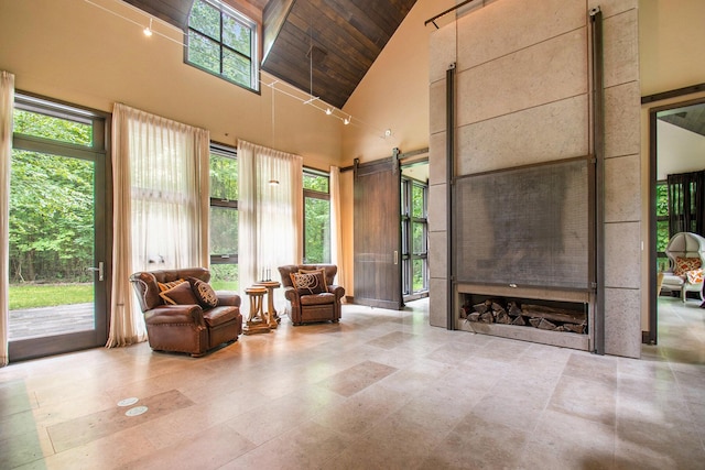 7085 Youngren Rd, Three Oaks, MI 49128 - living area featuring high vaulted ceiling, a barn door, and wood ceiling