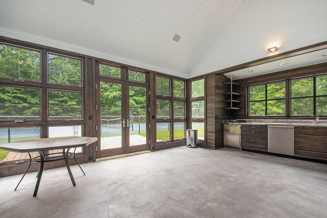 7085 Youngren Rd, Three Oaks, MI 49128 - unfurnished sunroom featuring french doors, vaulted ceiling, and area for grilling