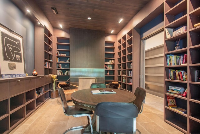 7085 Youngren Rd, Three Oaks, MI 49128 - tiled home office with wood ceiling, built in features, and recessed lighting