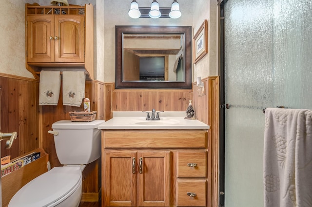 7702 N Gleneagle Dr, Kalamazoo, MI 49048 - full bath featuring a wainscoted wall, vanity, wood walls, and a shower