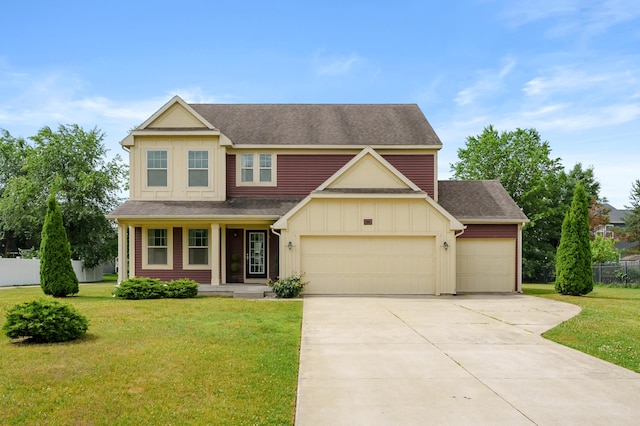 5661 Attleberry Ave, Kalamazoo, MI 49009 - view of front of house with board and batten siding, driveway, a garage, a porch, and roof with shingles
