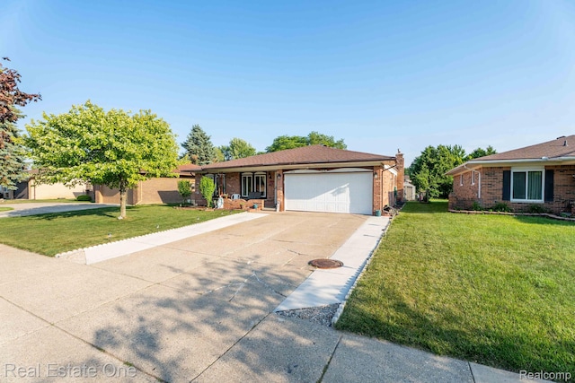 2308 Kipling Dr, Sterling Heights, MI 48310 - ranch-style house with brick siding, a garage, and a front lawn