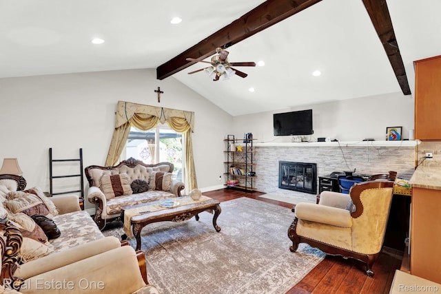 2308 Kipling Dr, Sterling Heights, MI 48310 - living room featuring dark wood-style flooring, a ceiling fan, a fireplace, and recessed lighting