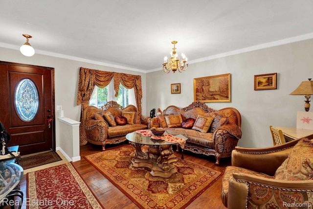 2308 Kipling Dr, Sterling Heights, MI 48310 - living area featuring a chandelier, wood finished floors, and ornamental molding