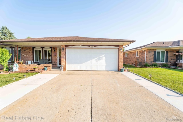 2308 Kipling Dr, Sterling Heights, MI 48310 - ranch-style house featuring brick siding, a garage, driveway, a front yard, and a porch