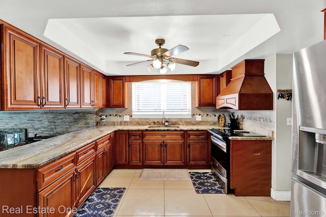 2308 Kipling Dr, Sterling Heights, MI 48310 - kitchen with stainless steel appliances, light tile patterned flooring, a ceiling fan, and backsplash