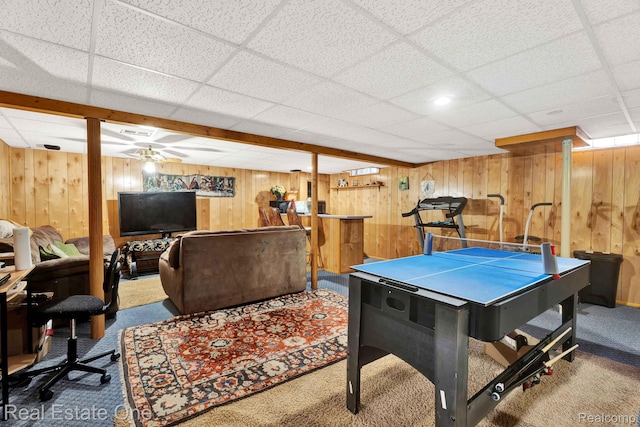 2308 Kipling Dr, Sterling Heights, MI 48310 - playroom featuring carpet flooring, wooden walls, and a drop ceiling