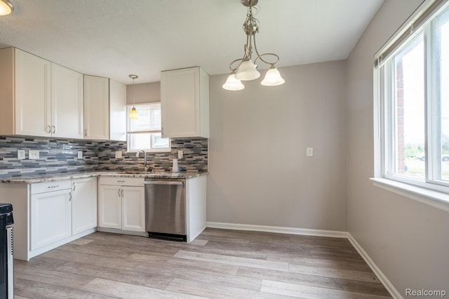 20327 Ellis St, Roseville, MI 48066 - kitchen featuring dishwasher, tasteful backsplash, white cabinetry, and light wood-style floors